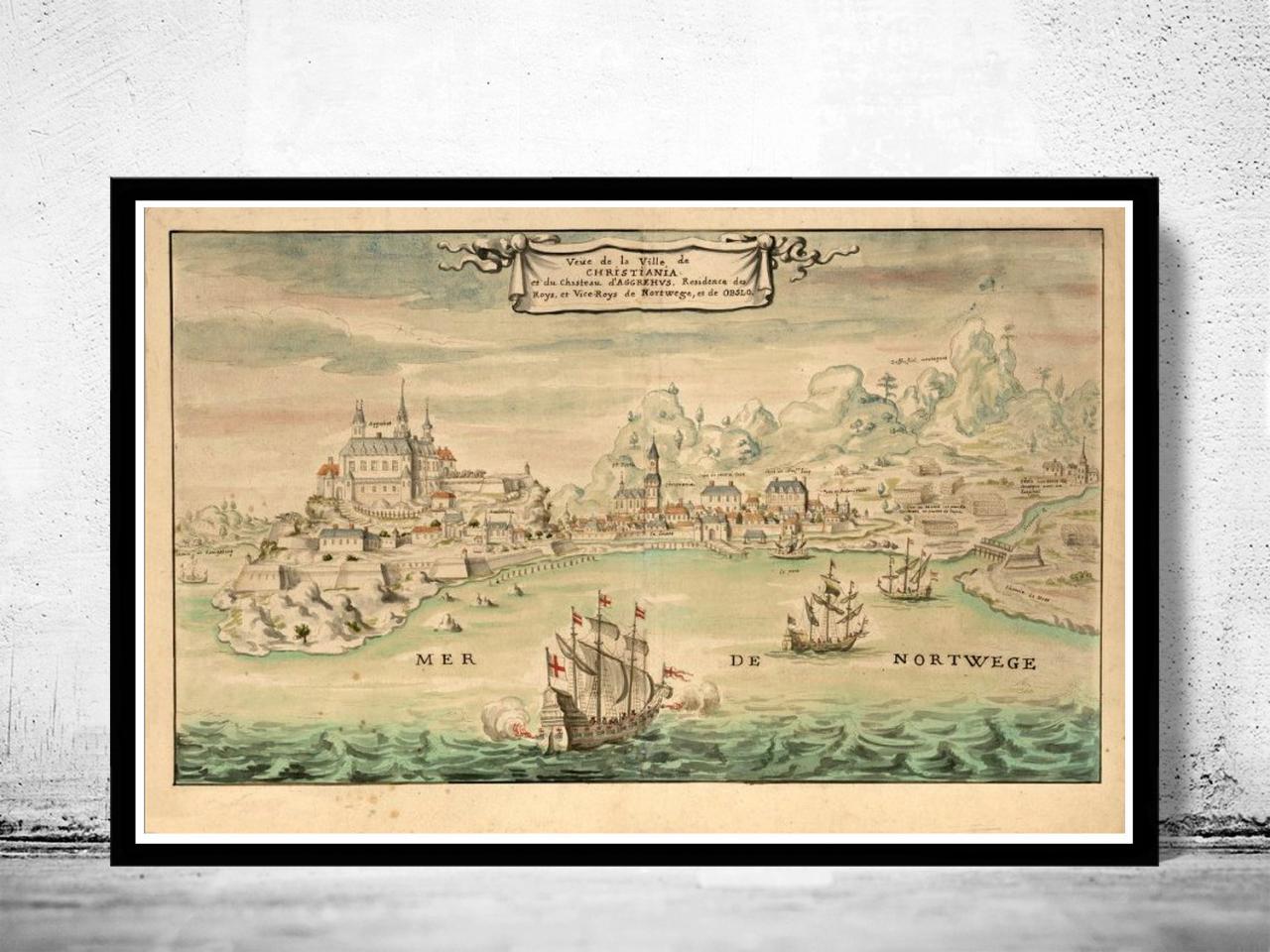 Old Gravure Of Oslo Christiania Norway 1650