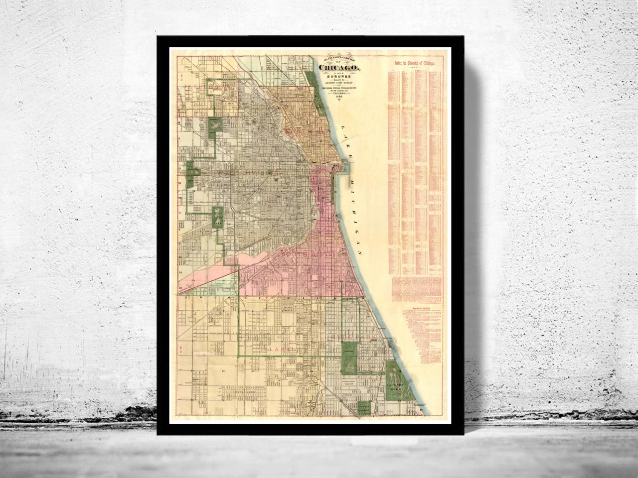 Old Vintage Map Of Chicago 1886