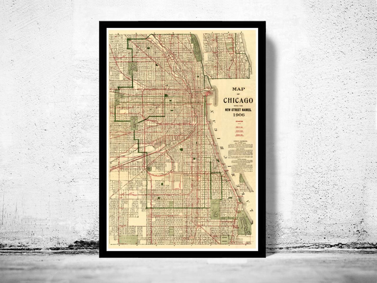 Old Vintage Map Of Chicago 1906