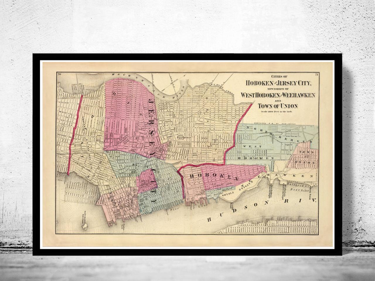 Old Map Of Jersey City And Hoboken , Hudson County 1872