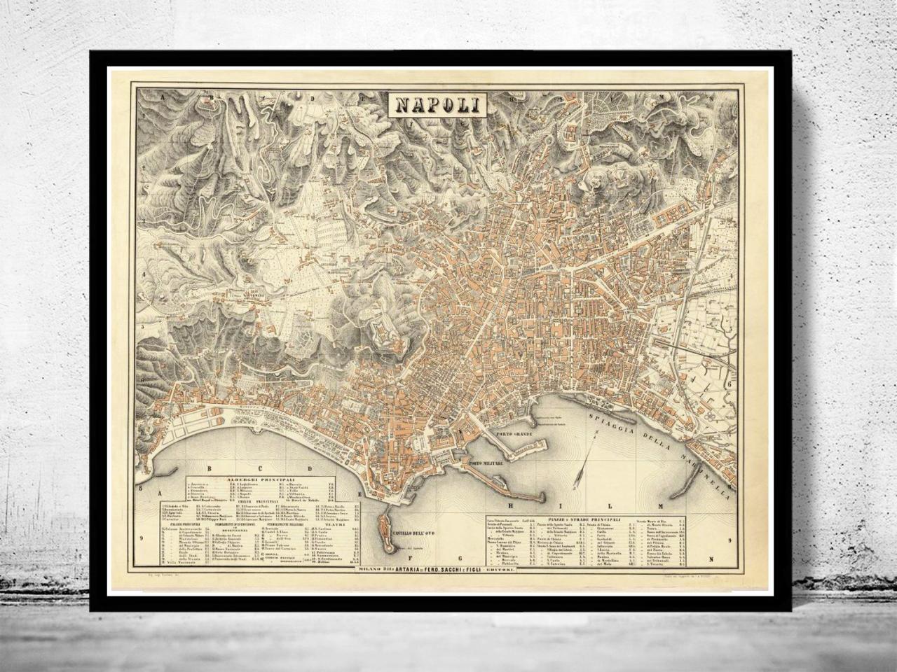 Old Map Of Napoli Naples 1880 Antique Vintage Italy