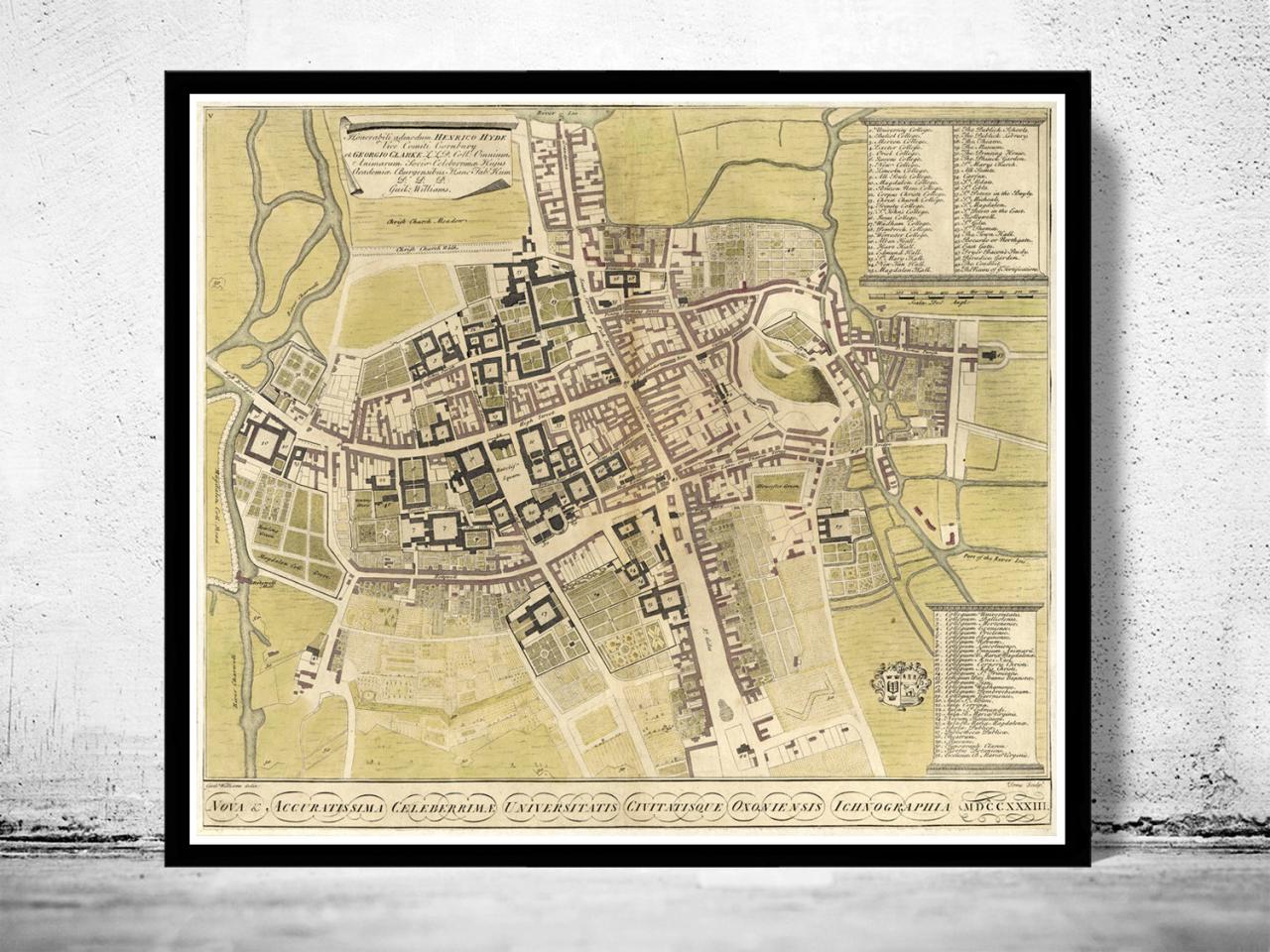 Old Map of Oxford with legends 1733, England United Kingdom