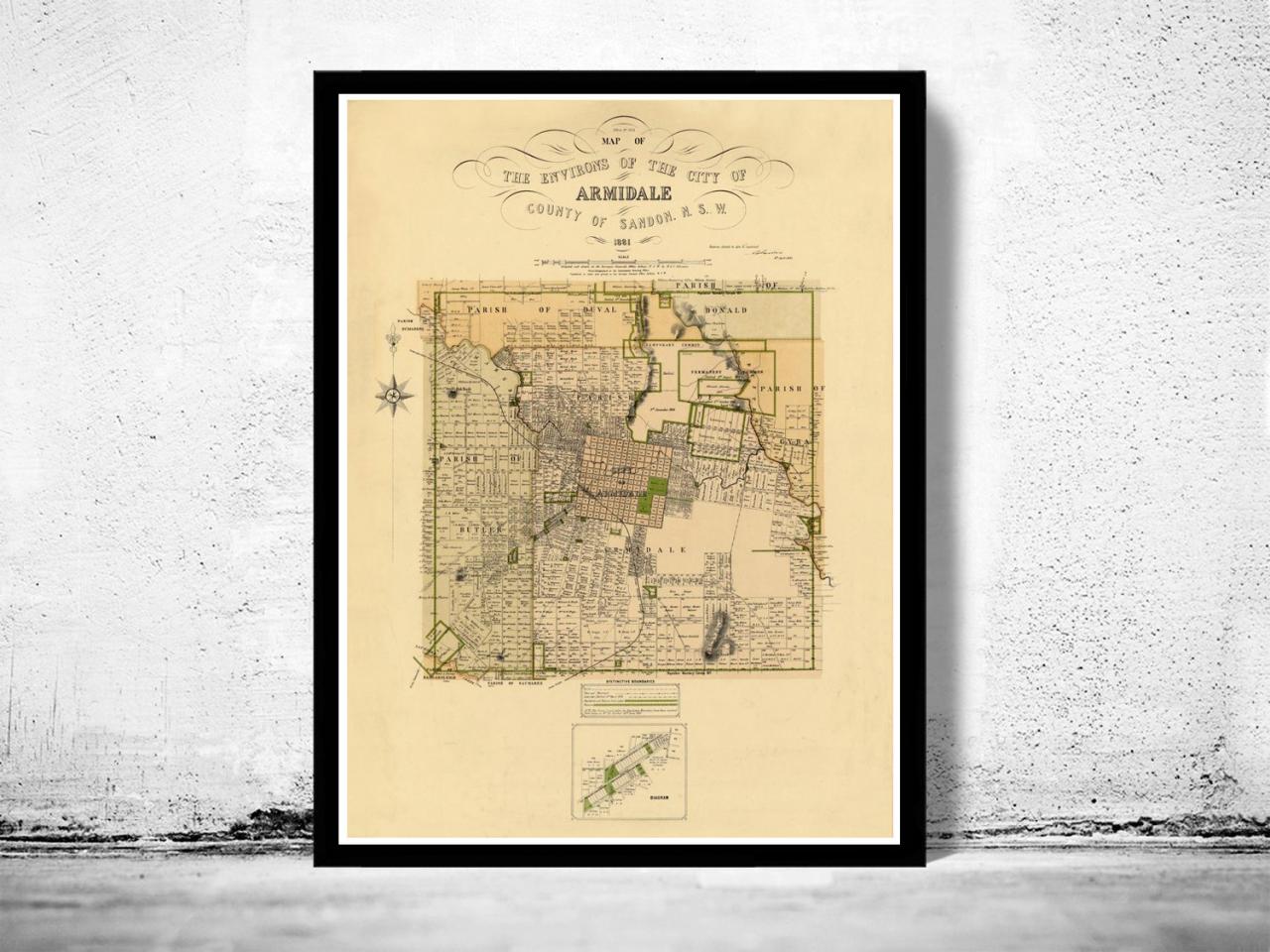 Vintage Map Of Armidale City ,australia 1881