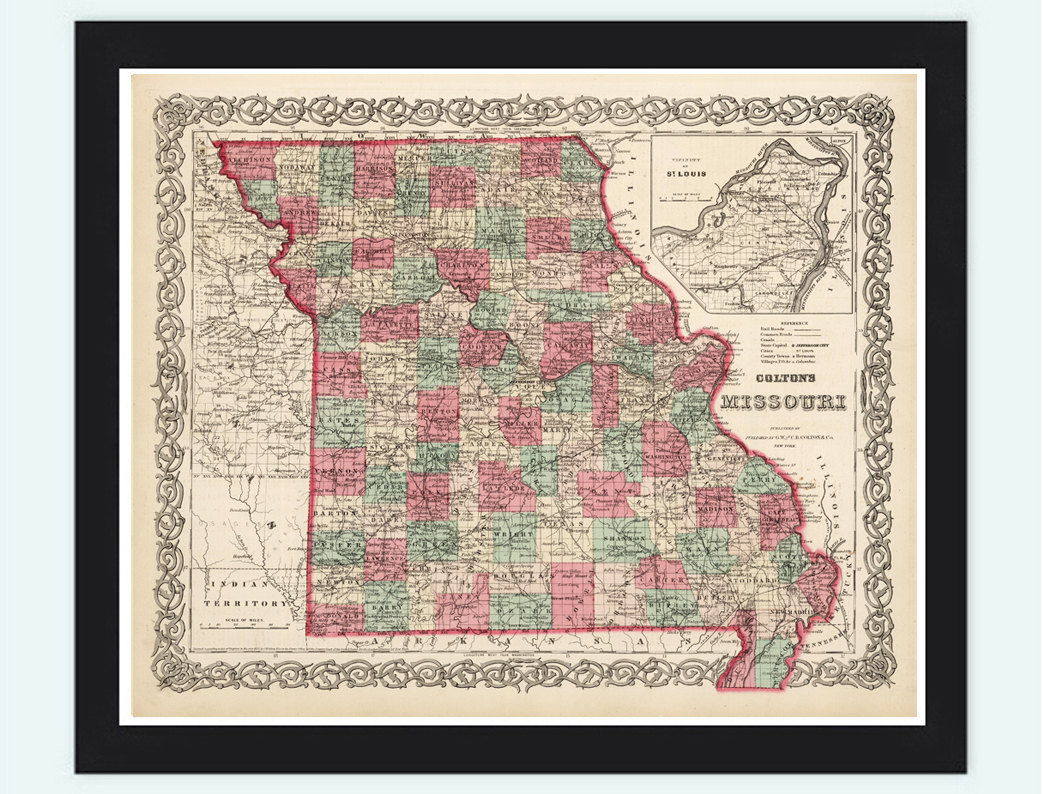 Old Map Missouri State 1869 United States Of America