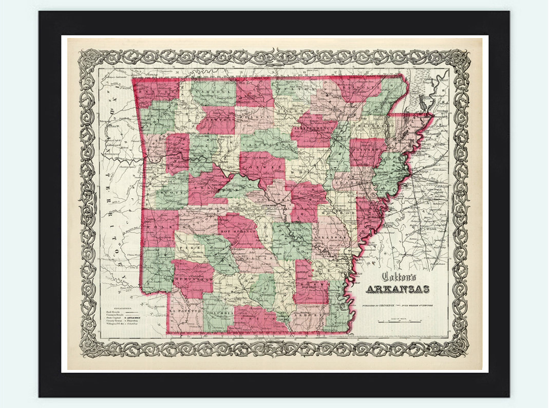 Old Map Arkansas State 1865 United States Of America