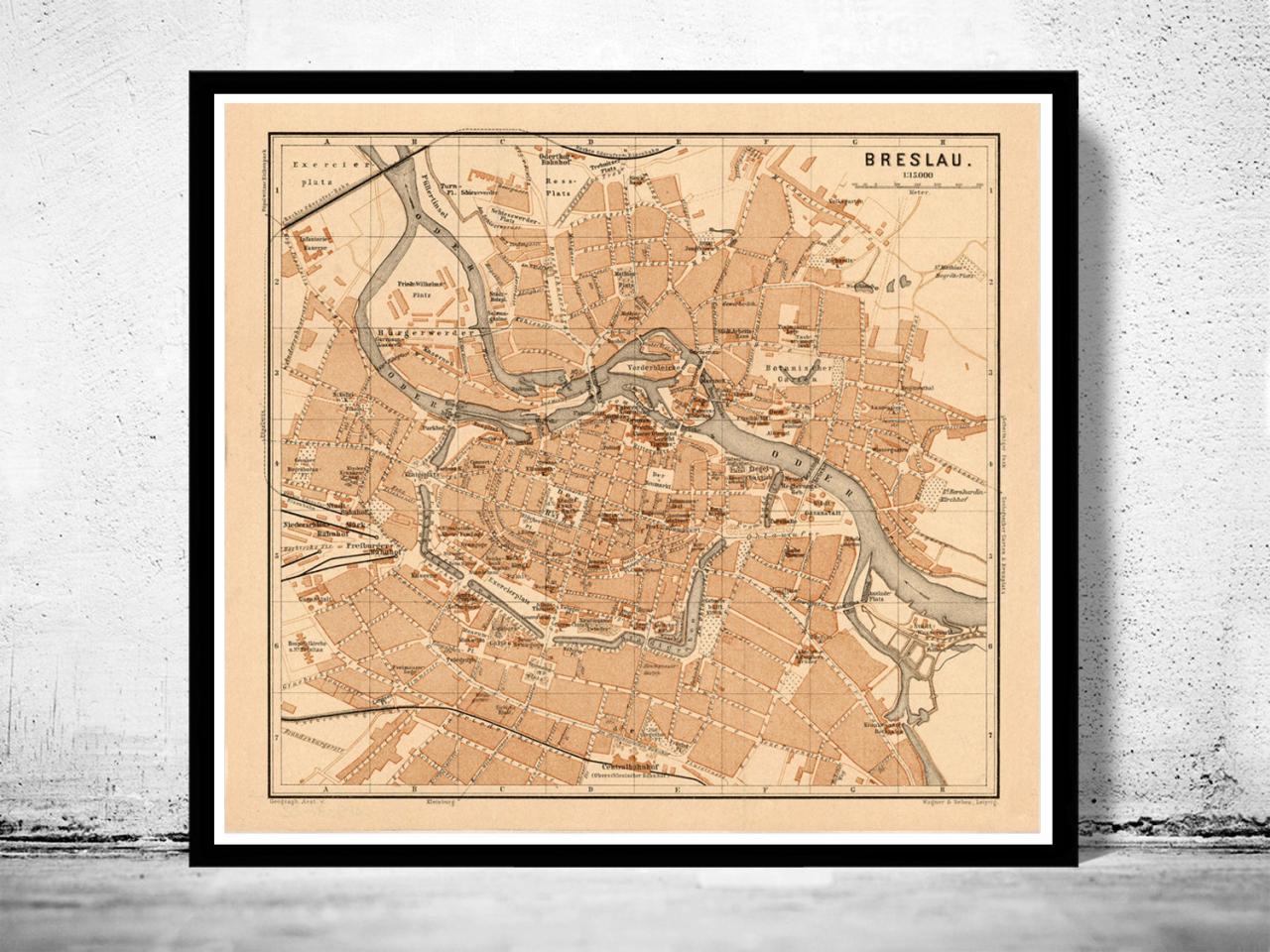 Old Map Of Breslau Wroclaw Poland 1895