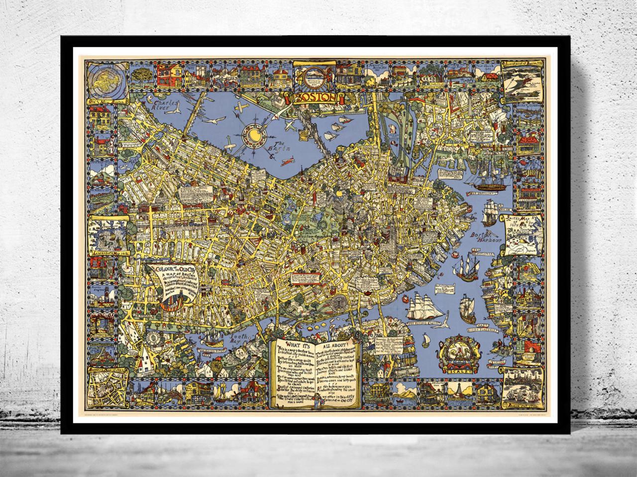 Old Map Of Boston 1926, Massachusetts Pictorial Map