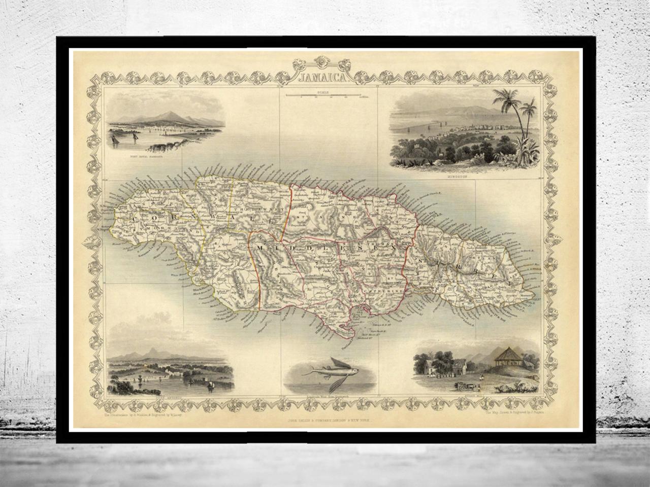 Vintage Old Map Of Jamaica, 1851, Antique Map Of Jamaica