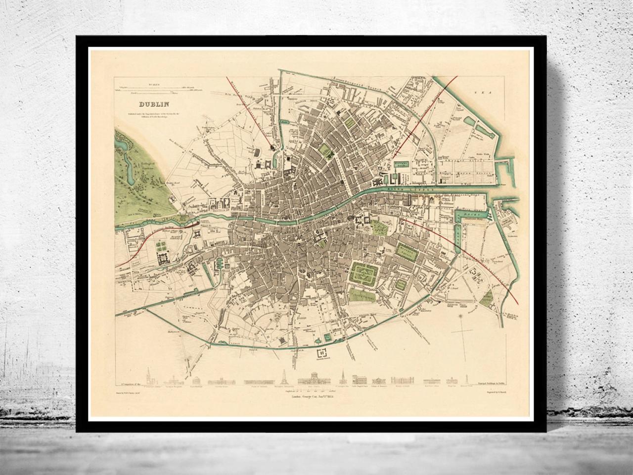 Vintage Map Of Dublin, Ireland 1853 Antique Vintage