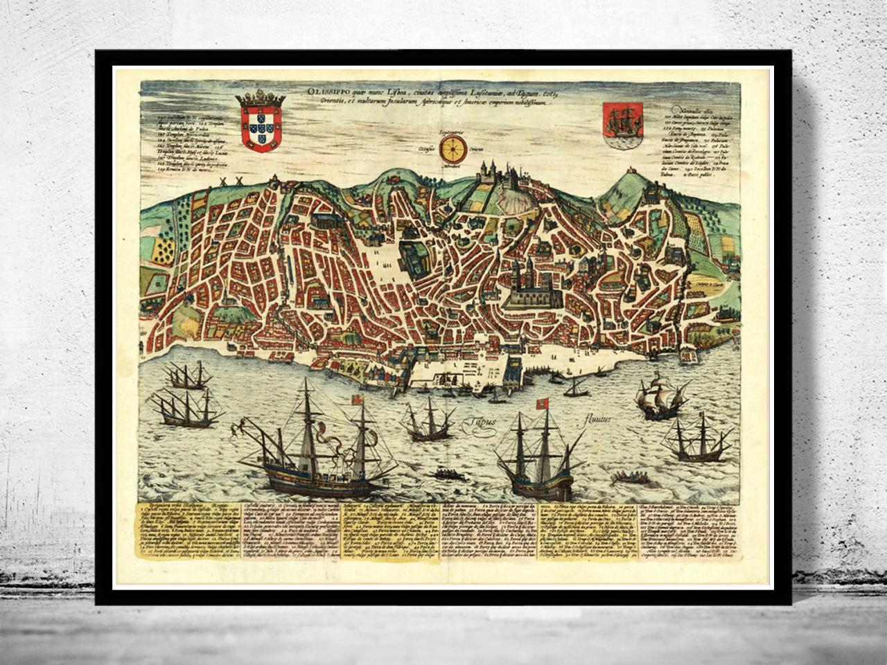 Old Map Of Lisbon 1598 Lisboa Portugal Mapa Antigo