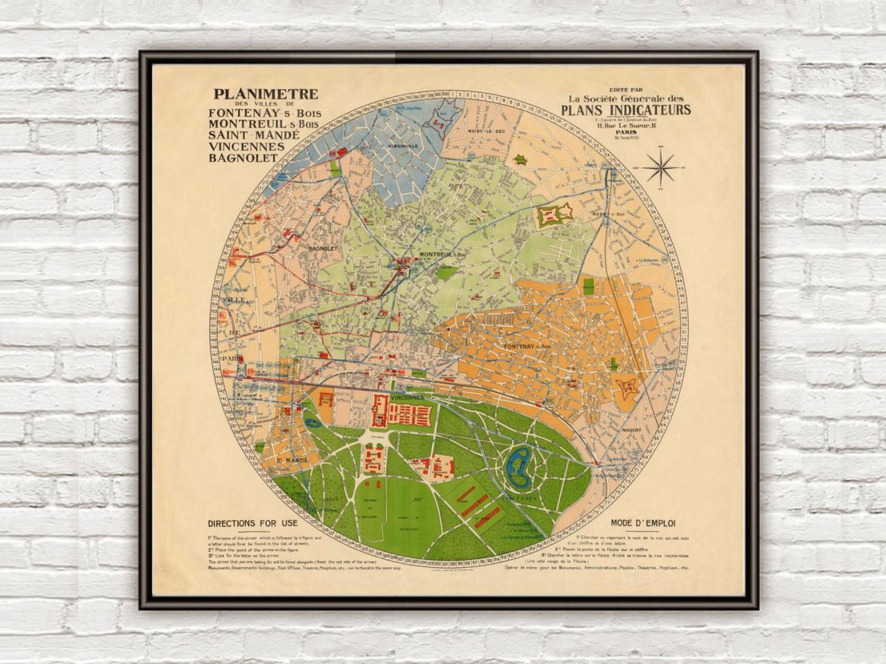 Old Map Of Vincennes 1930 France