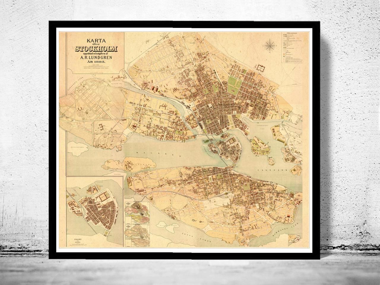 Old Map Of Stockholm Lundgren, Sweden 1885 Antique Vintage