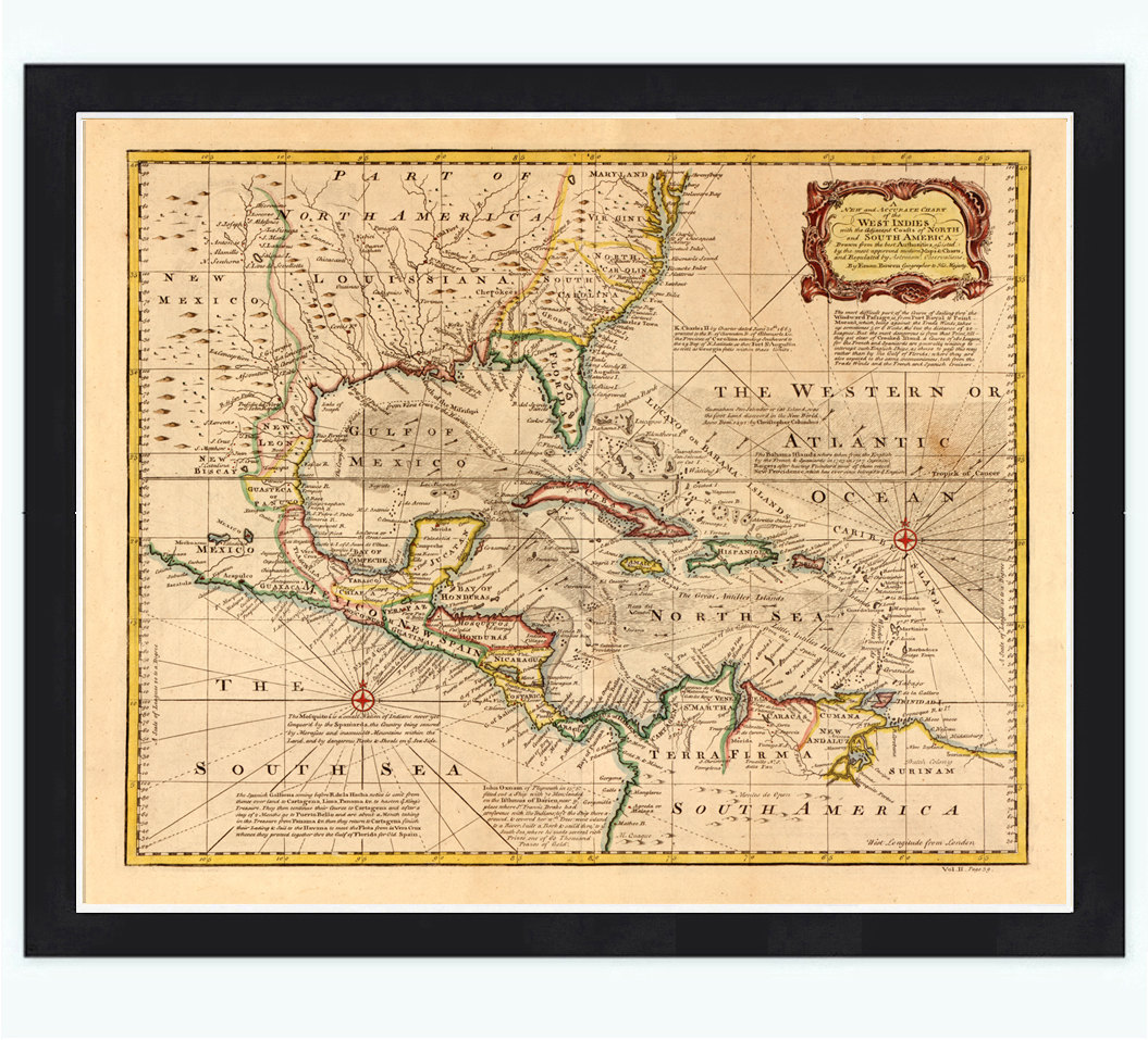 Old Map Of Caribbean Area Antillas Gulf Of Mexico Nicaragua, 1720