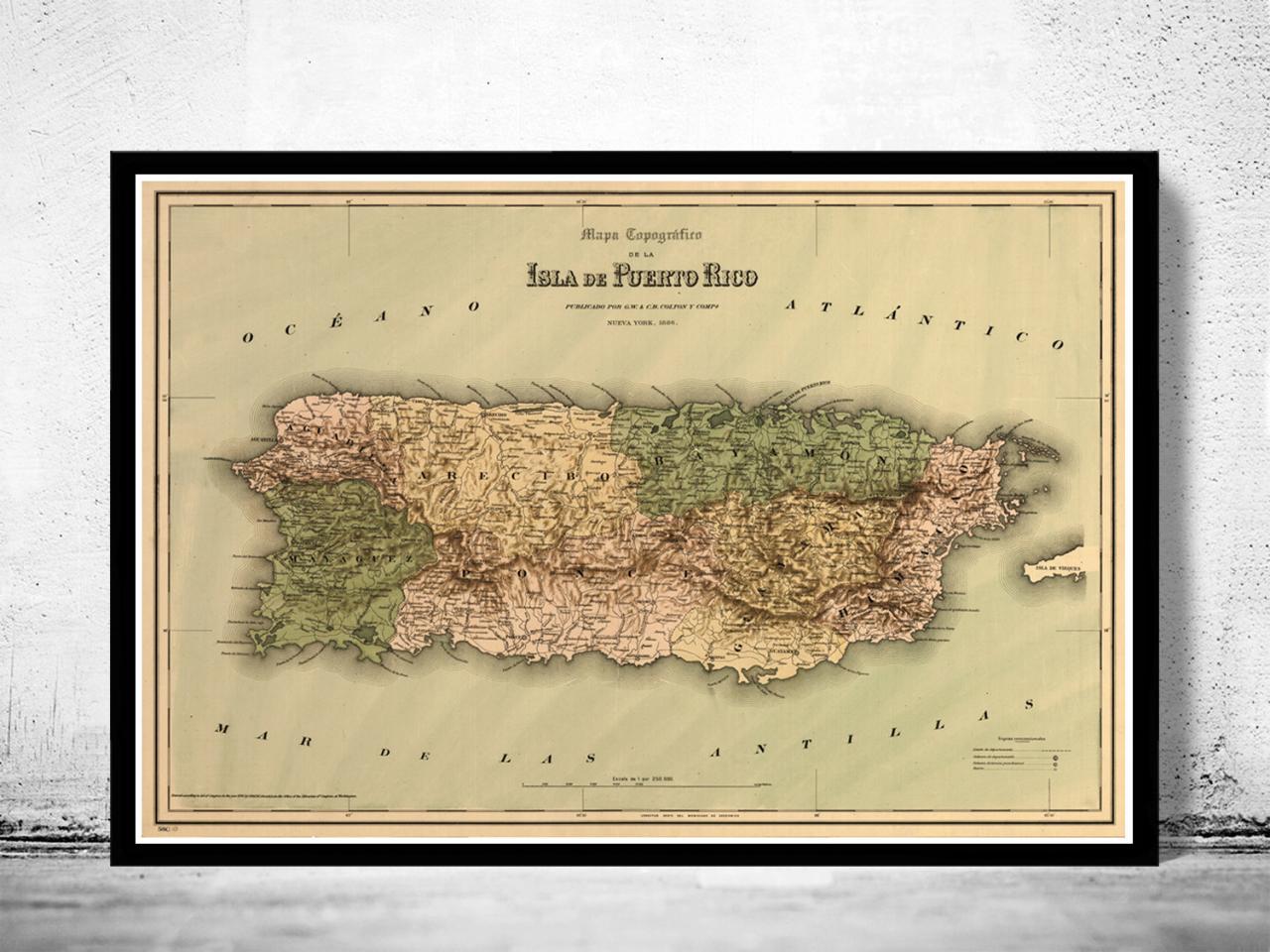 Vintage Old Map Of Puerto Rico Island, 1886, Antique Map