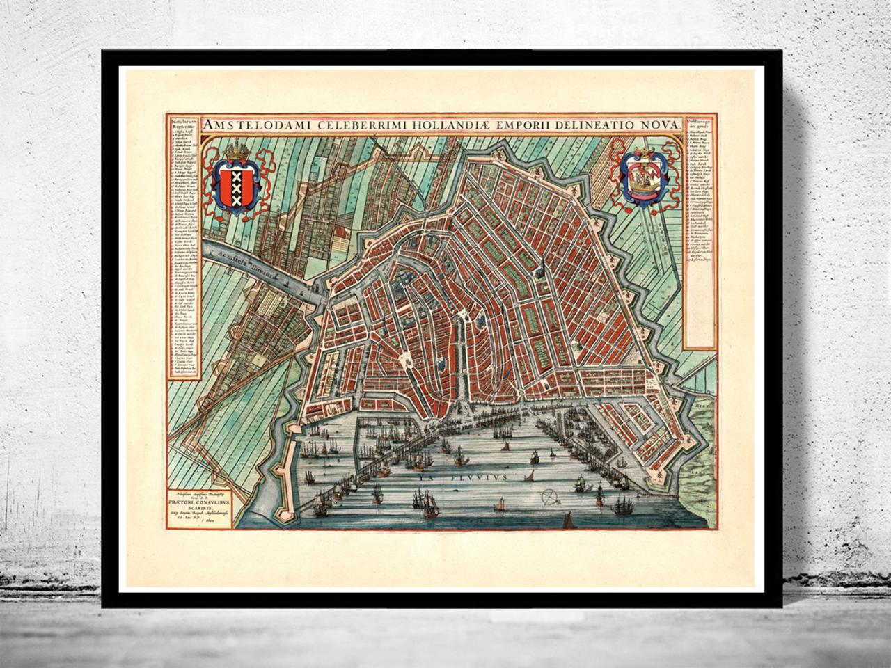 Old Map Of Amsterdam, Netherlands Engraving 1649