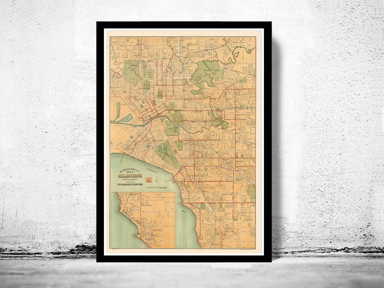 Vintage Map Of Melbourne City 1913 , Australia Oceania