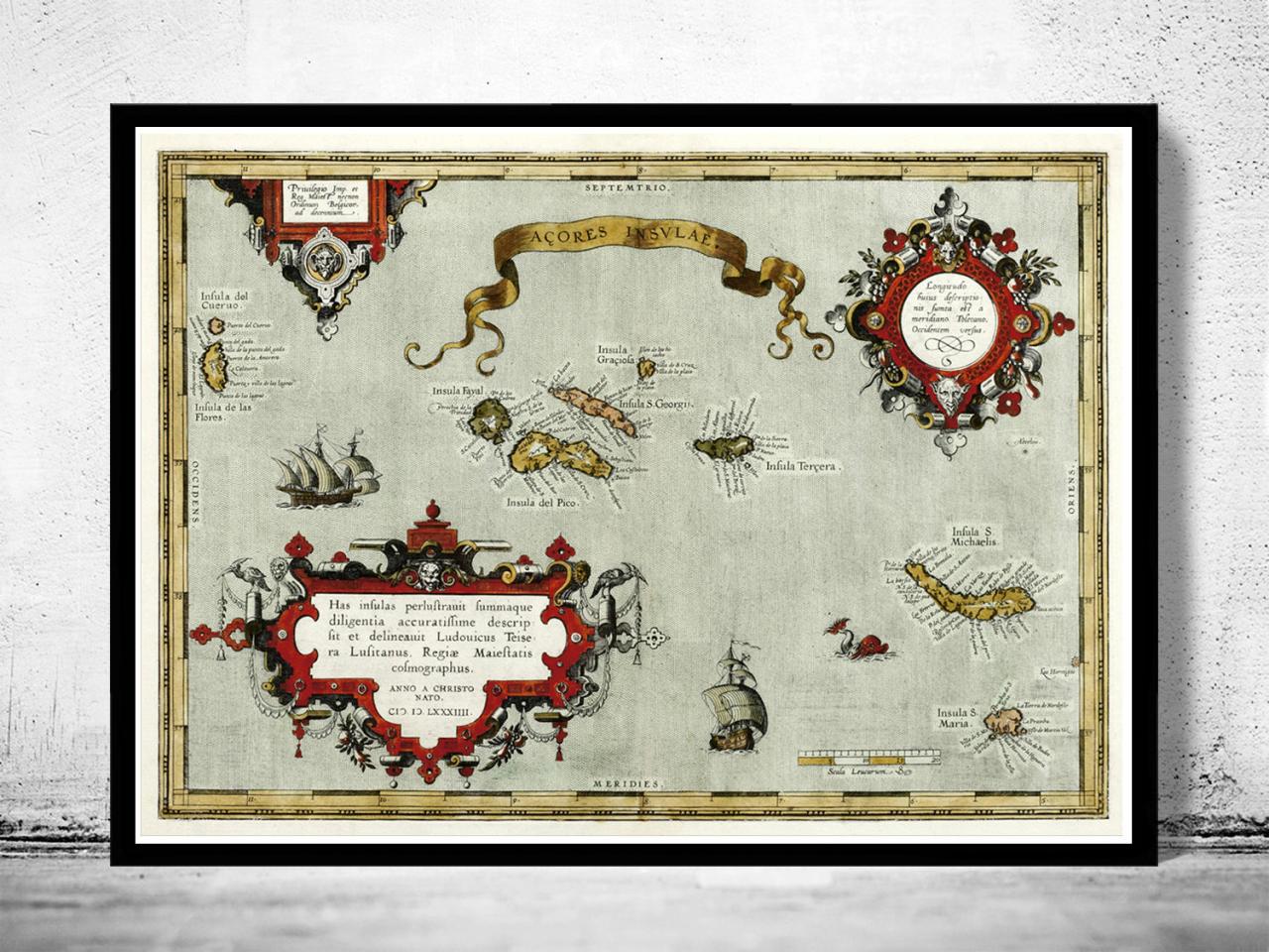 Old Map Of Açores Azores Islands 1584, Portuguese Map