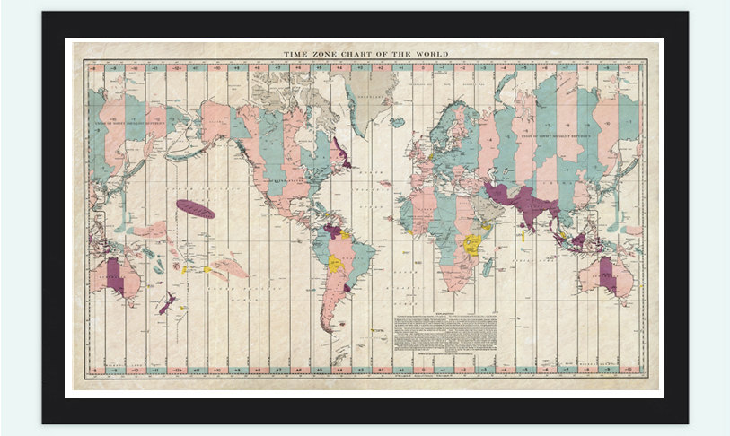 Old World Map Atlas Time Zone Chart 1937 Vintage Antique