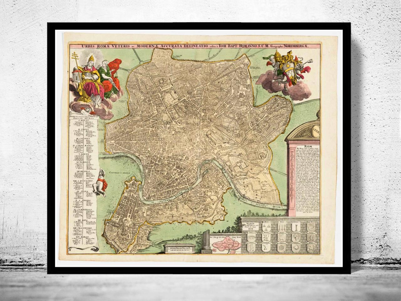 Vintage Map Of Rome Roma, Italia 1715 Antique Map Of Rome