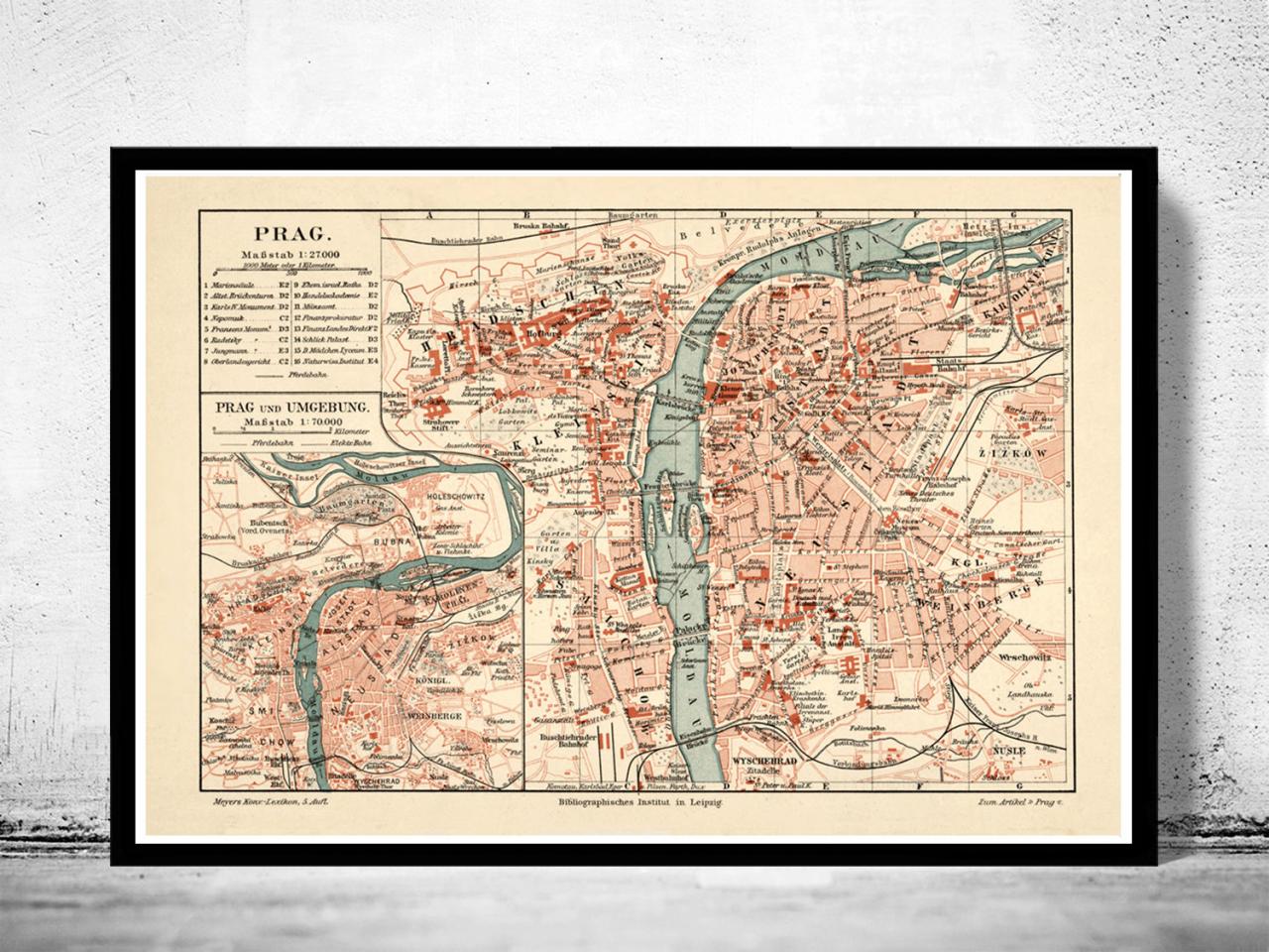 Old Map of Prague 1894 Czech Republic