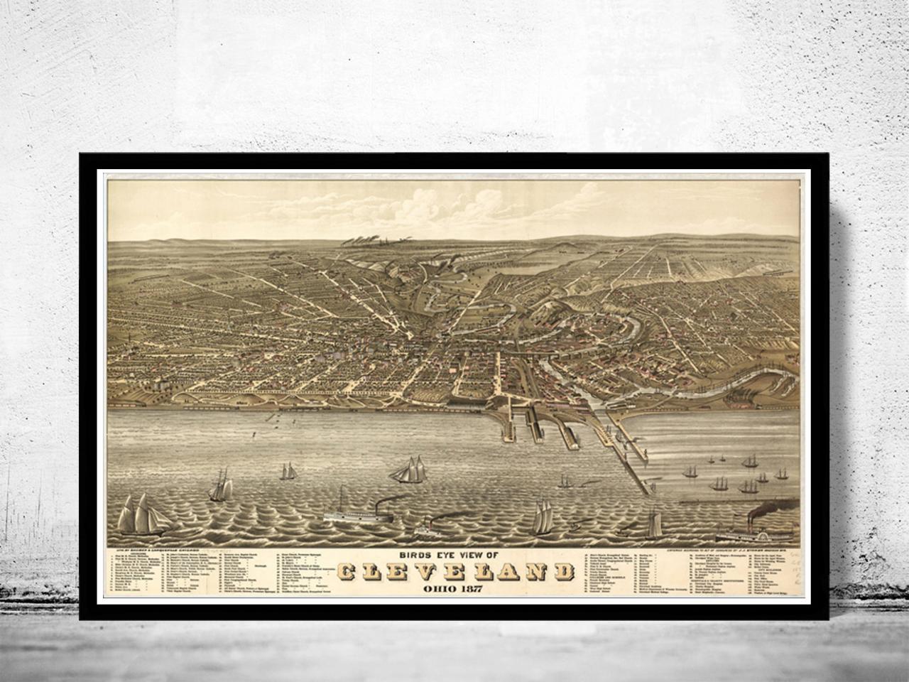 Vintage View Of Cleveland, Ohio, Aerial View United States 1877