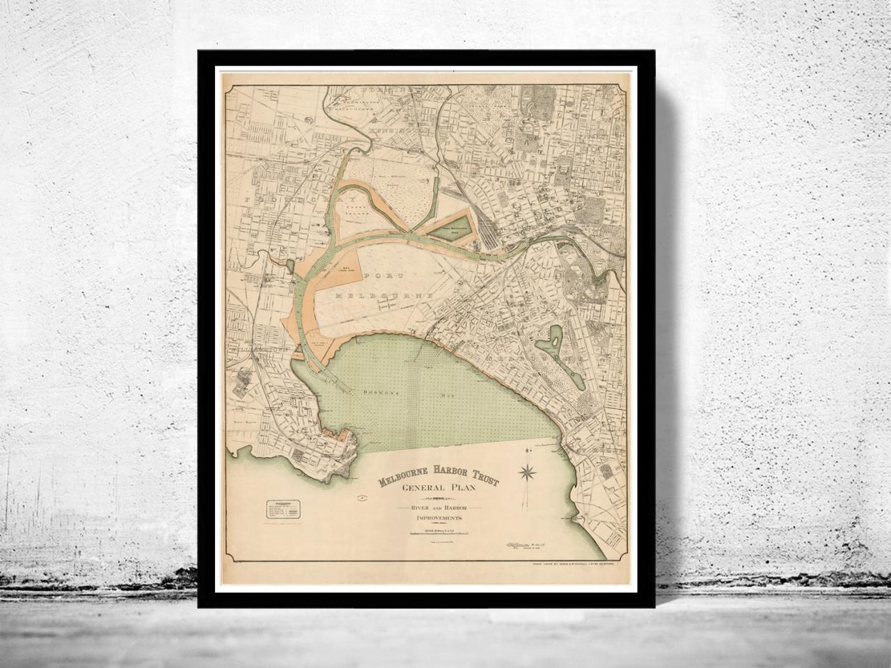 Vintage Map Of Melbourne Port Harbour 1893 , Australia Oceania