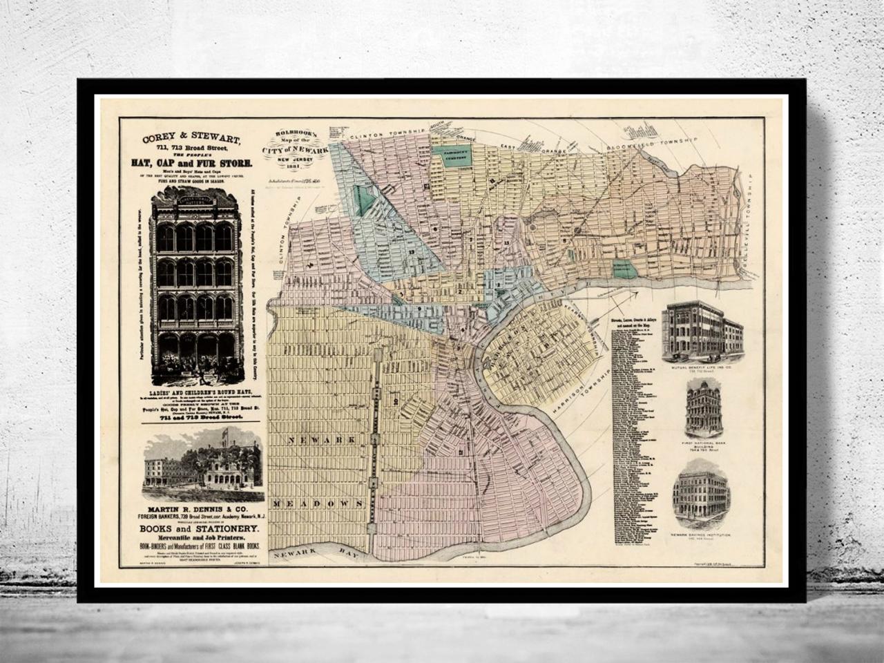 Old Map Of Newark Jersey, United States 1881