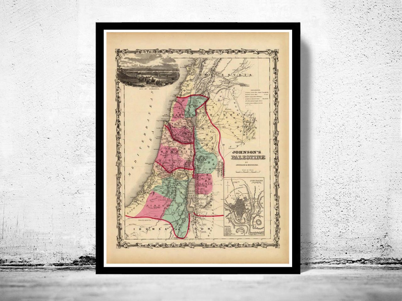 Old Map Of Palestine Jesus, 1860, Middle East, Religious