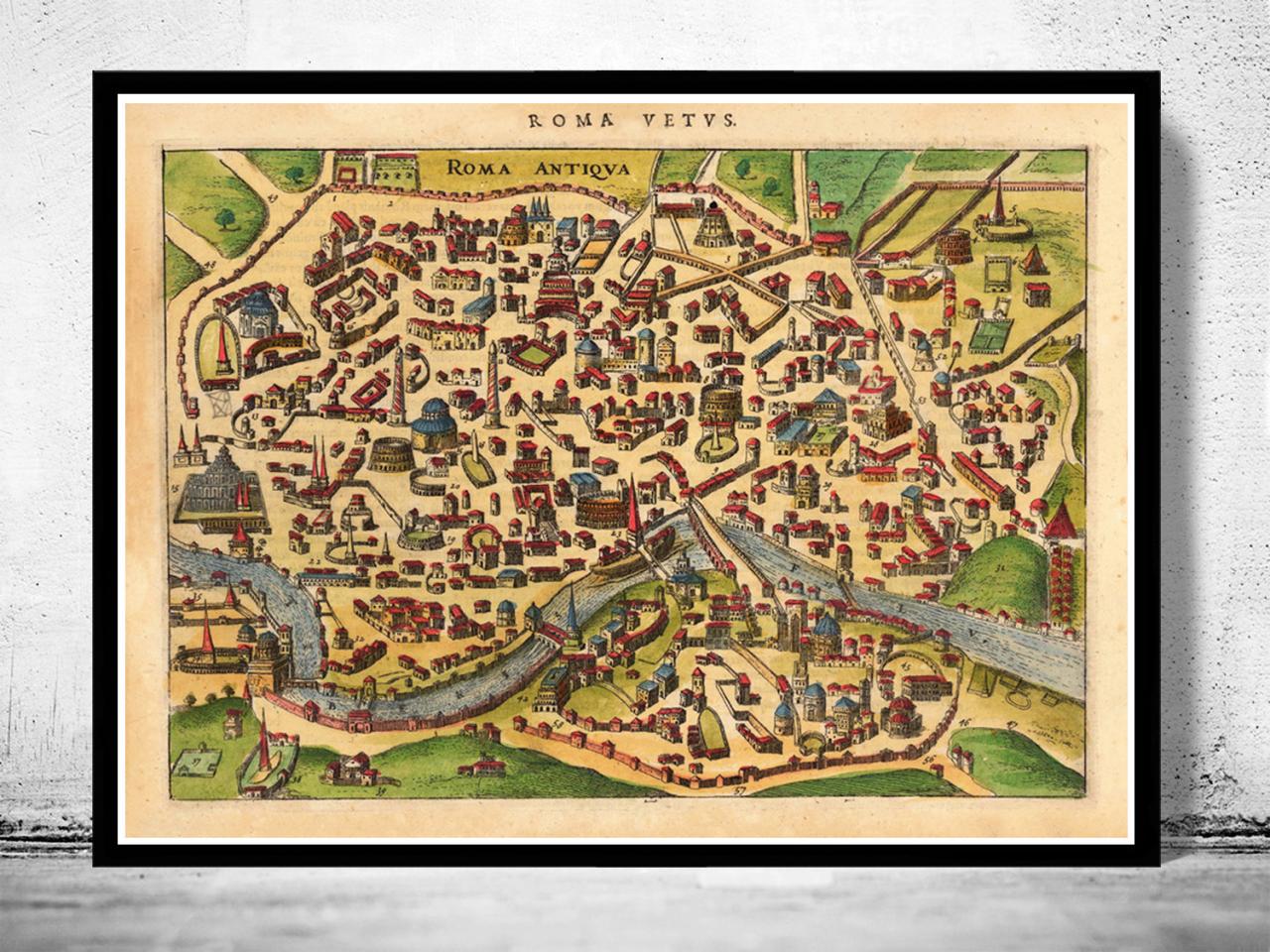 Old Map Of Rome Roma, Italy 1627 Antique Vintage Italy