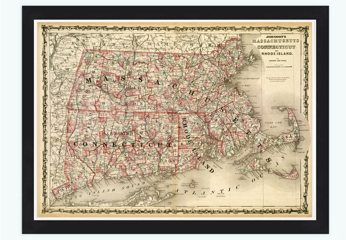 Old Map Massachusetts Connecticut 1864 United States Of America