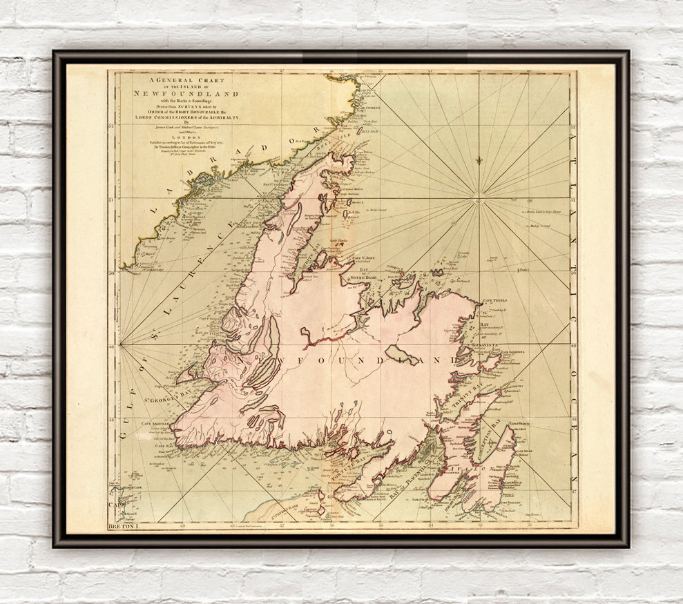 Old Map Of Newfoundland Canada 1755