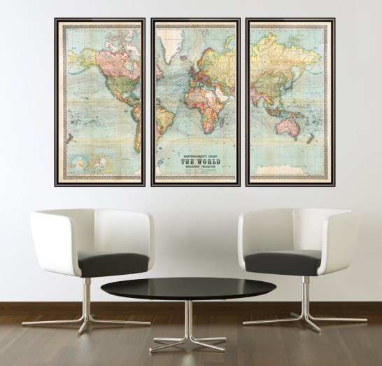 Beautiful World Map Vintage Atlas 1914 Mercator Projection (3 Pieces)