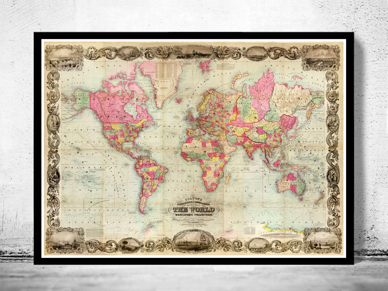 Antique World Map 1854 Mercator Projection