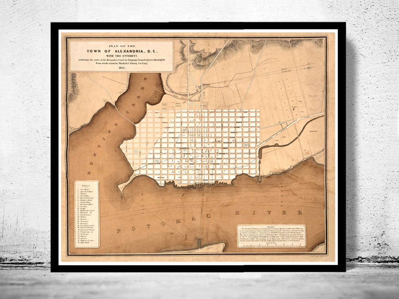 Old Map of Alexandria Virginia Columbia Maryland 1845