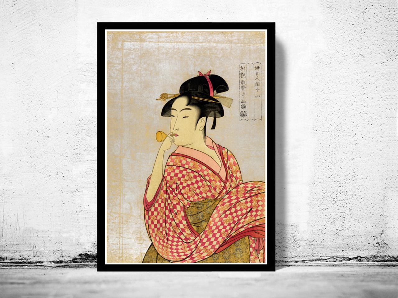Japanese Art, Utamaro Young Lady Blowing On A Poppin, 1790