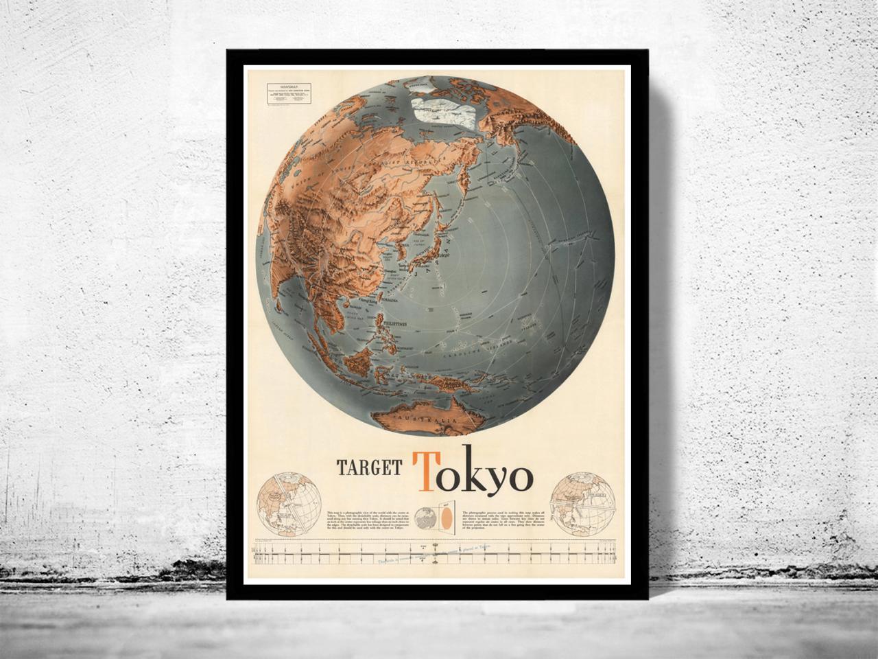 Vintage target Tokyo Japan war map poster