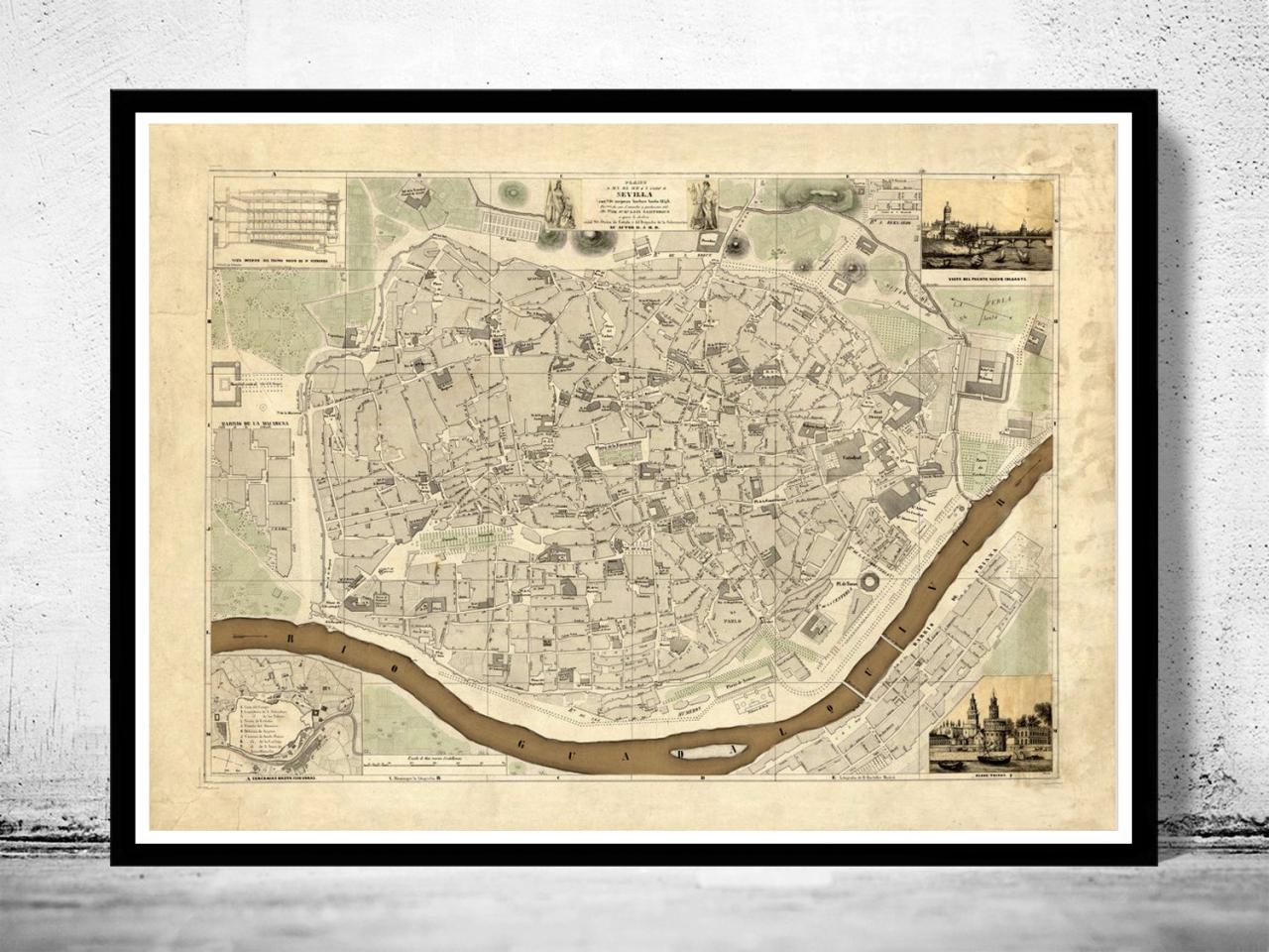 Old Map of Seville Sevilla, Spain 1848