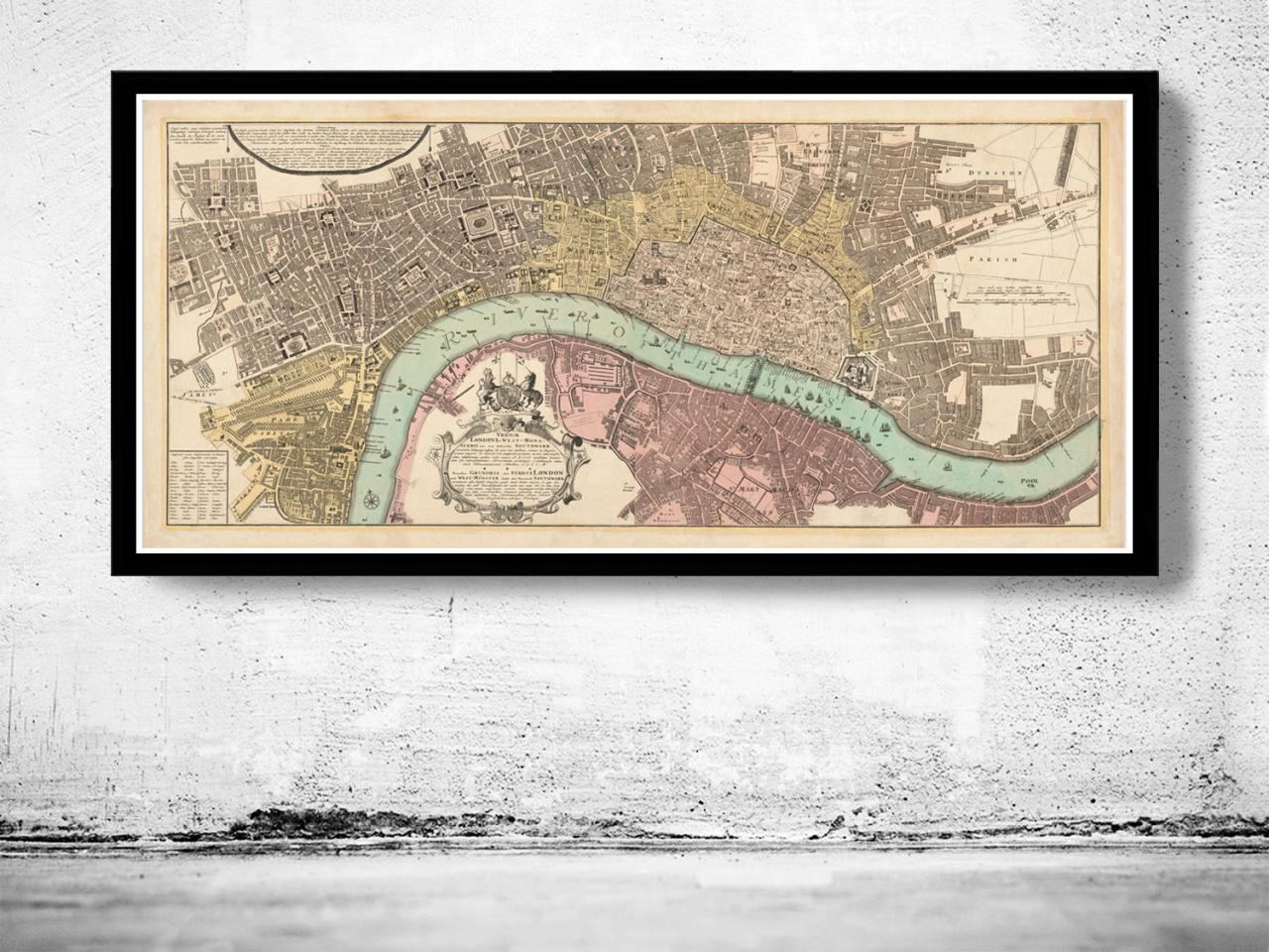 Old London Map 1736, England United Kingdom