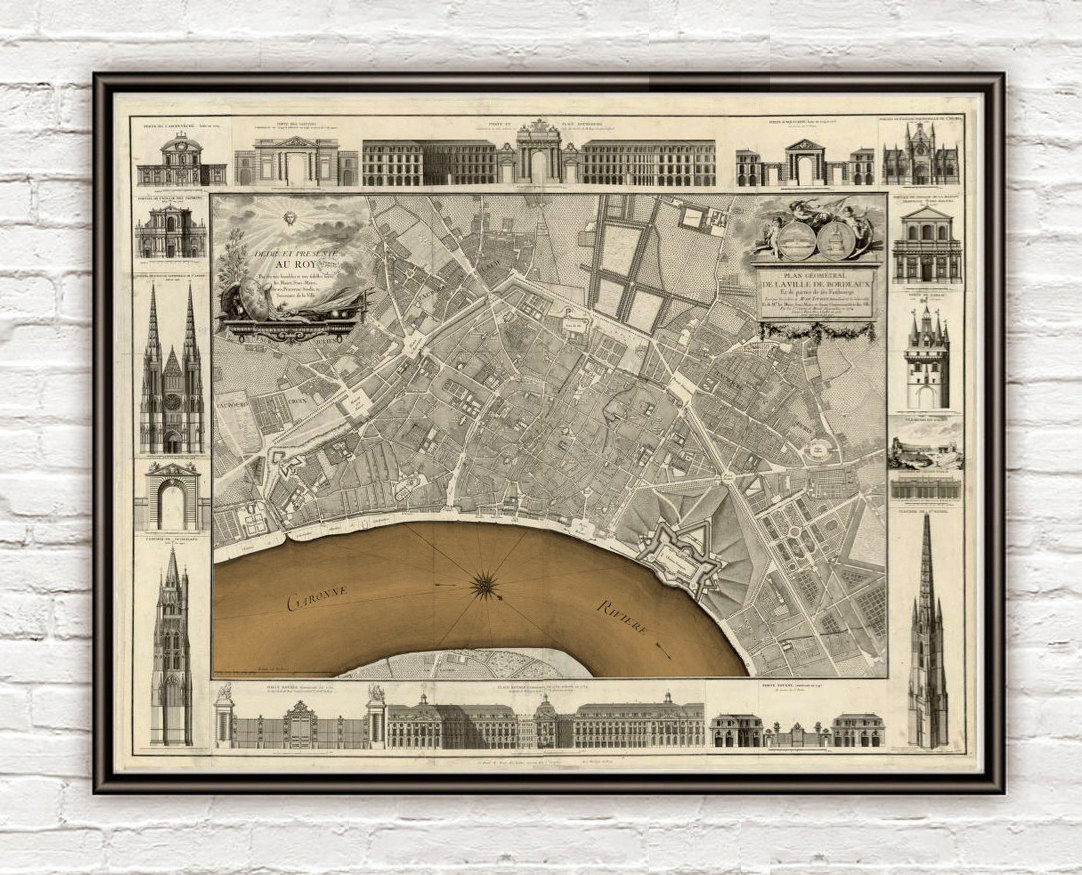 Old Map Of Bordeaux With Gravures 1755 France