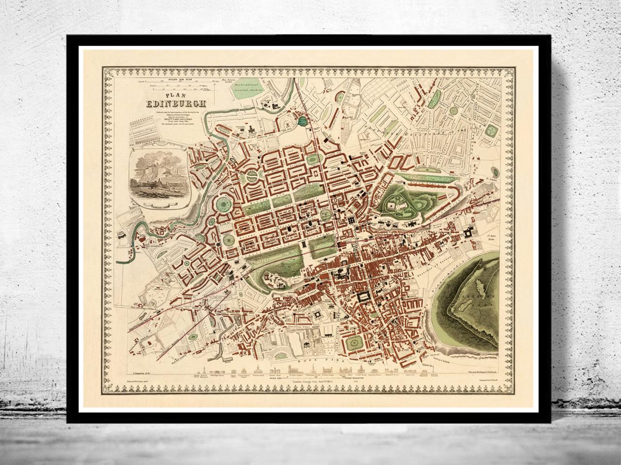 Old Map Of Edinburgh 1853 Edinbourg With Gravures, Scotland
