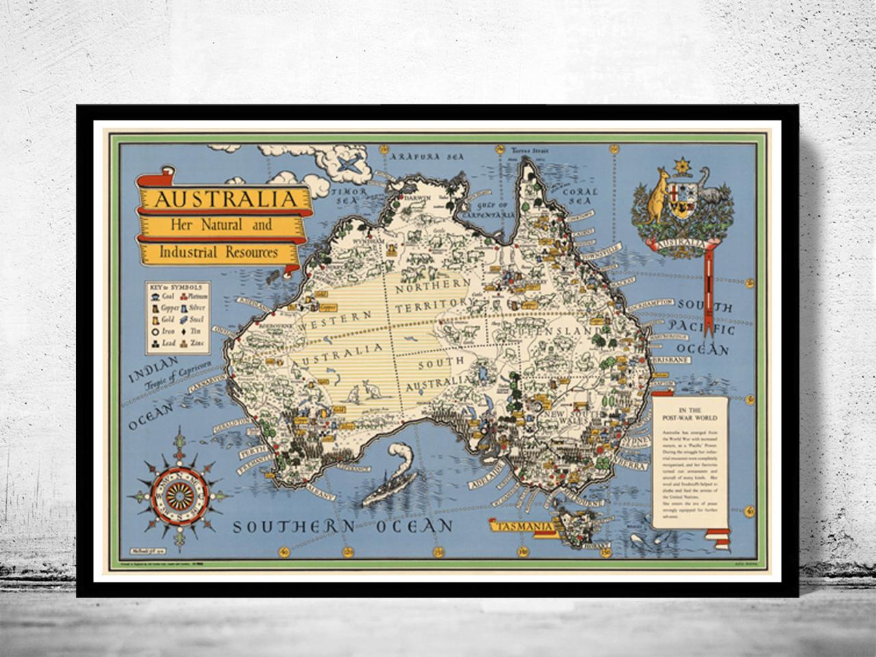 Old Map Australia Oceania Zealand Antique Vintage Map