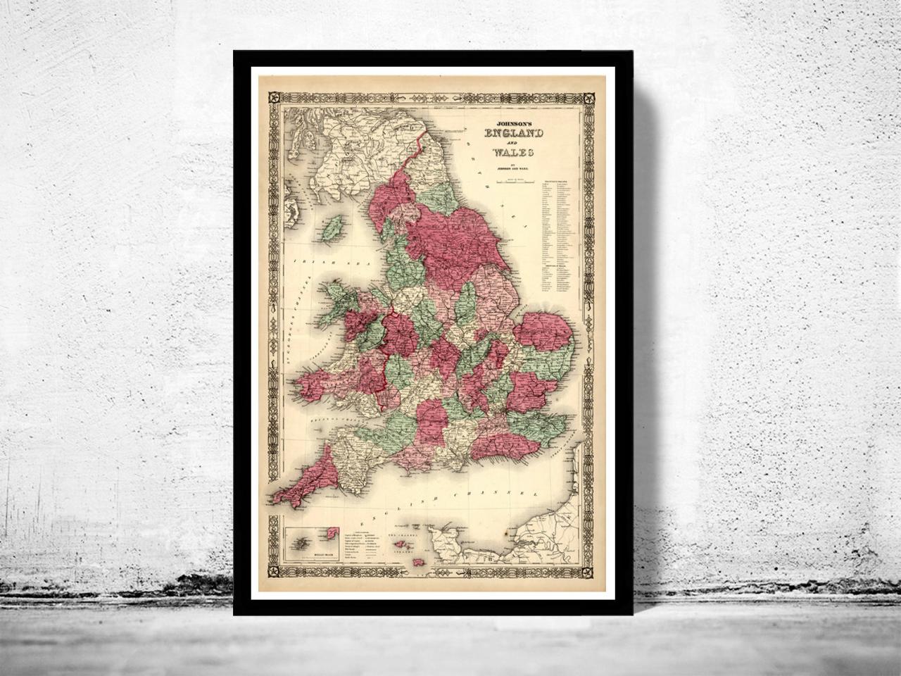 Old Map of England and Wales 1865 UK