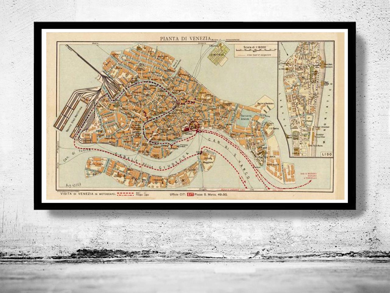 Vintage Old Map Of Venice Venetia Venezia , Italy 1928