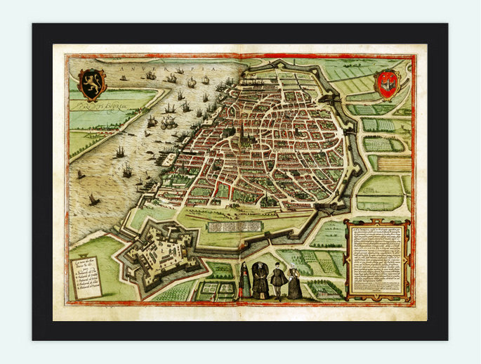 Braun and Hogenberg Old Map of Antwerpen, Belgium Illustration Gravure 1572