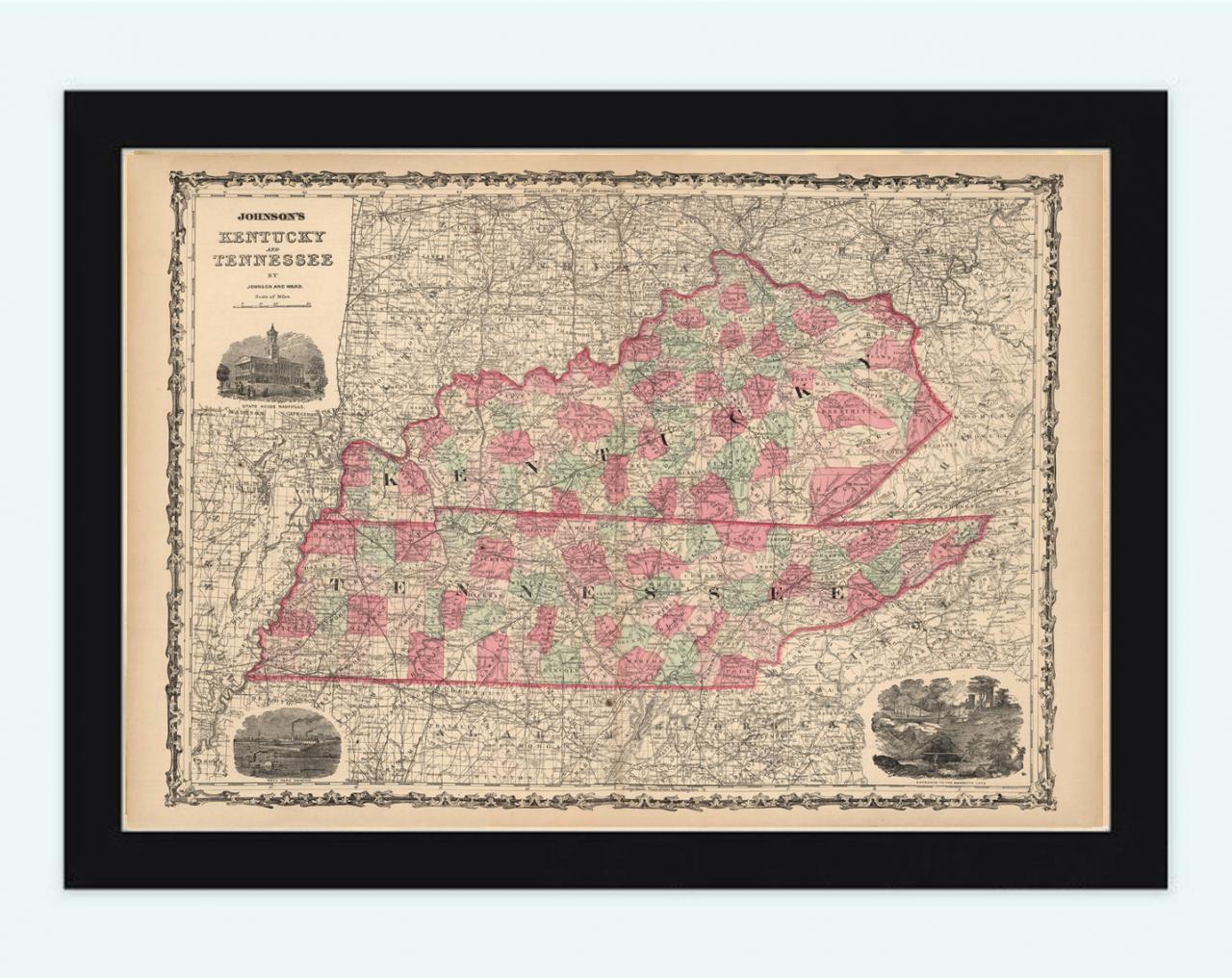 Vintage Map Of Tennesee And Kentucky 1864, United States Of America