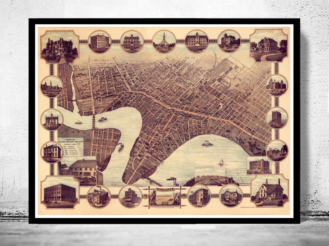 Old Map Of Winnipeg Canada 1884 Panoramic View