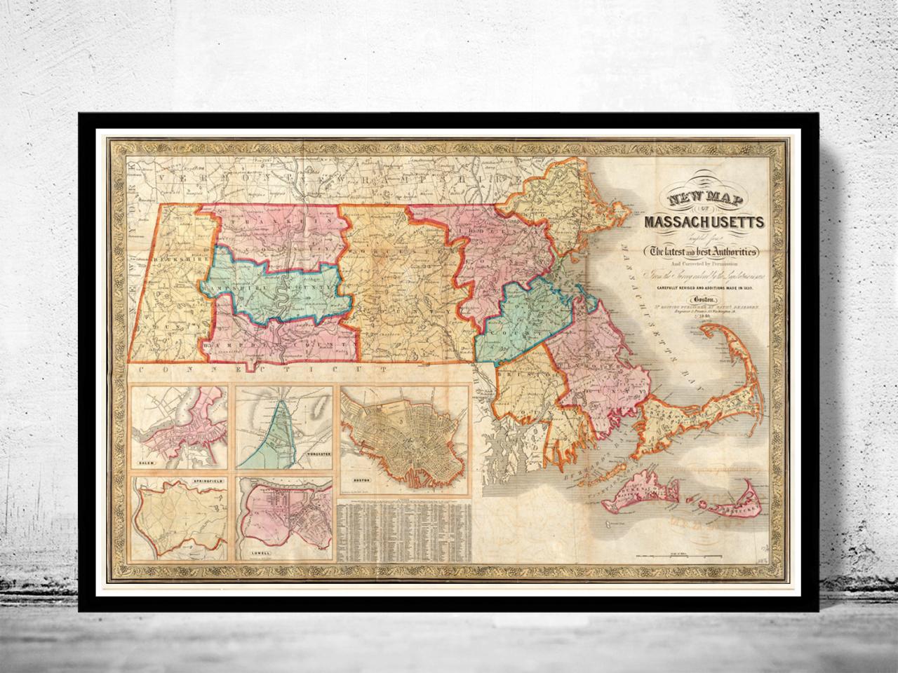 Old Map Of Massachusetts 1839, Boston, Salem, Worcester,lowell, Springfield