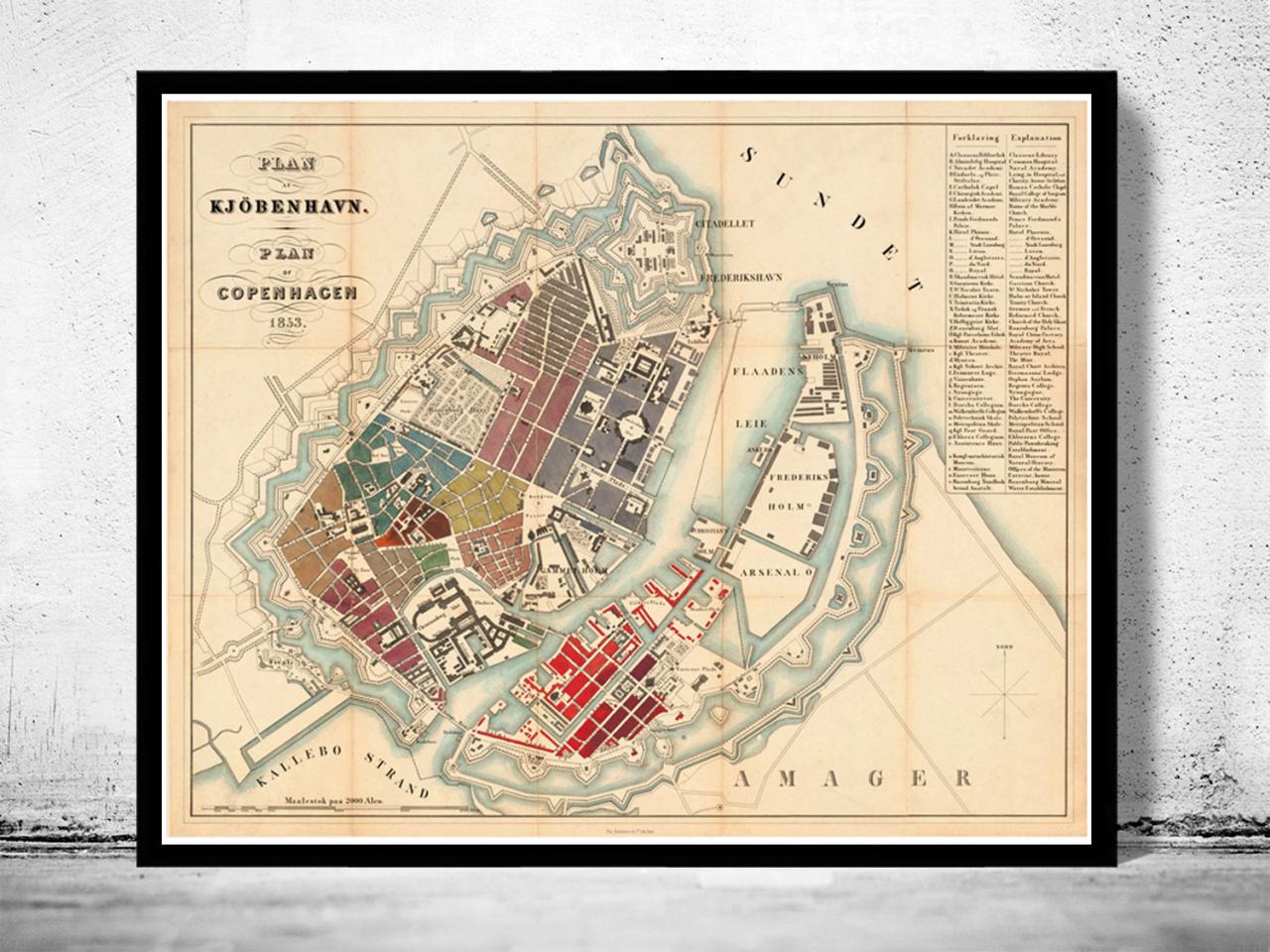 Old Map of Copenhagen Denmark 1853 , City Plan Vintage Map