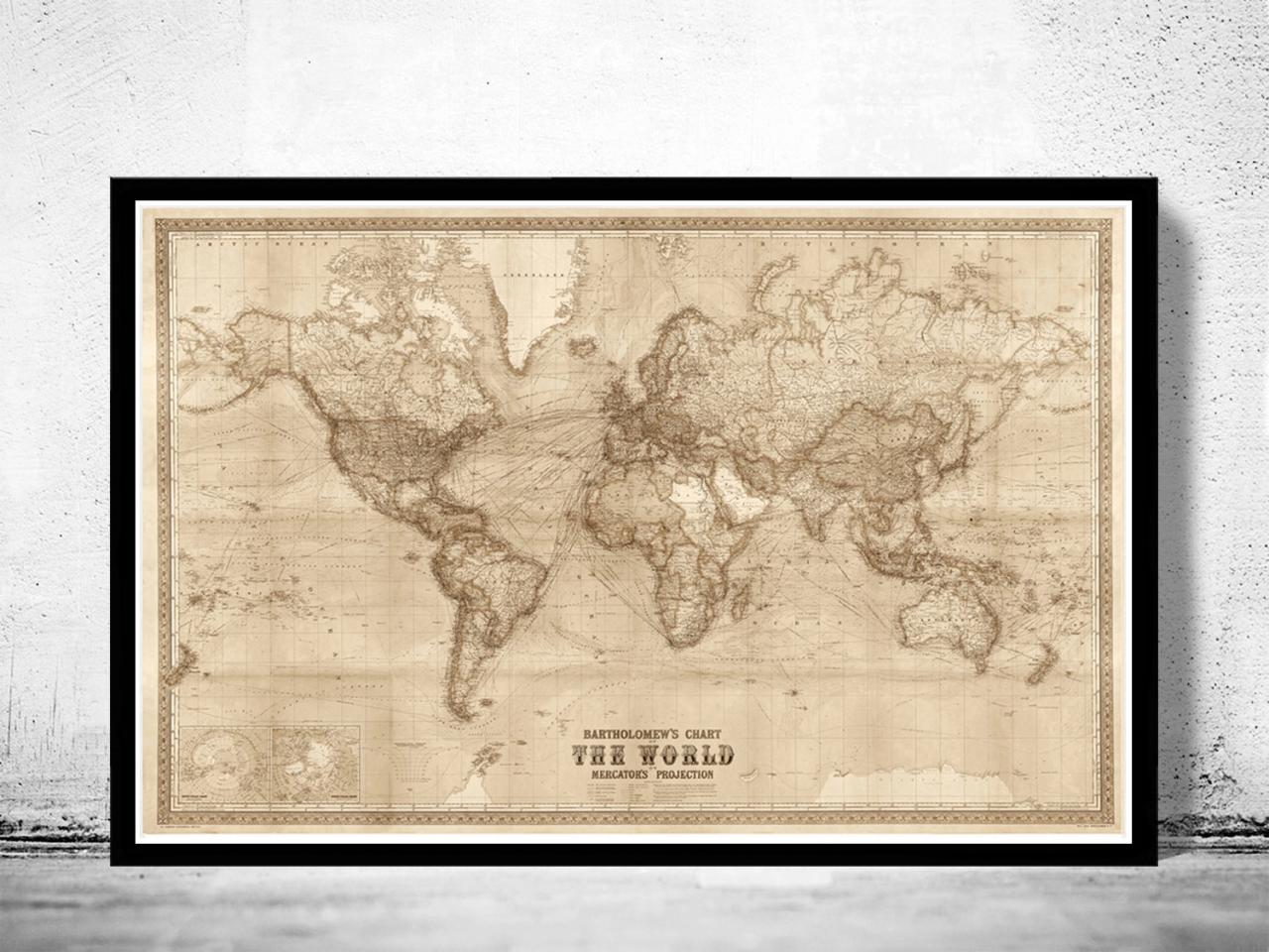 Beautiful World Map Vintage Atlas 1914 Mercator projection SEPIA