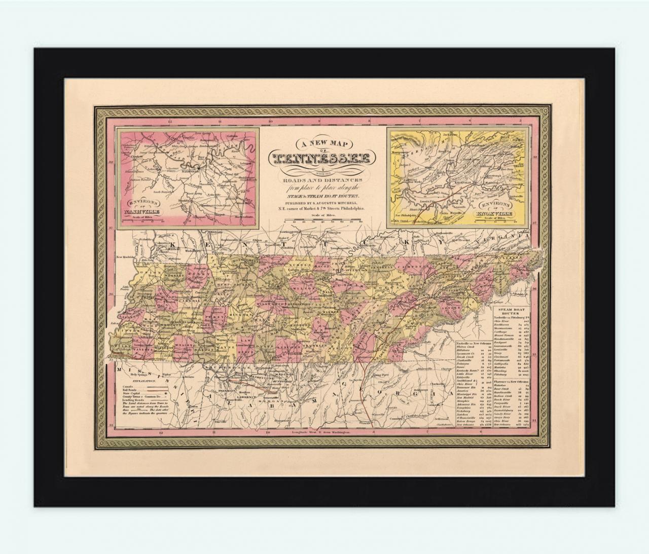 Vintage Map Of Tennesee 1849, United States Of America